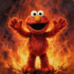 evil demonic elmo holding his hands up standing in front of epic apocalyptic flames, elmo, oil painting by michael whelan, striking detail