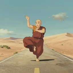 a study of cell shaded cartoon of a monk dancing on a desert road, full body, wide shot, very muted colors, post grunge, studio ghibli, laurie greasley, highly detailed, deviantart, art by artgem