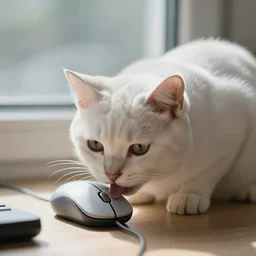 a photograph of a cute white cat eating a computer mouse, 8 k, window shine, dramatic