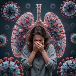 photorealism of COVID-19 is a respiratory illness that causes fever, coughing, and shortness of breath. It is caused by the SARS-CoV-2 virus (severe acute respiratory syndrome coronavirus by Graciela Iturbide depressing, frustrated detailed, high definition chaotic, micro details wide angle lens dark lighting
