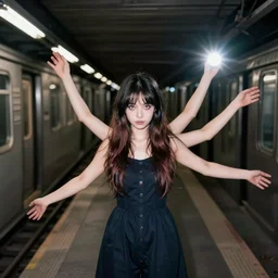 strange daemon girl anamorphic with 4 arms in a abandoned subway, photography with flash