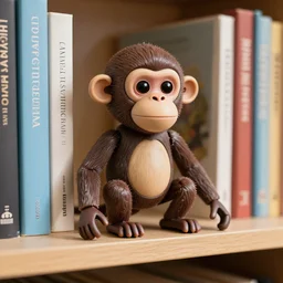 small robotic monkey on bookshelf, product photo, detailed, 4k