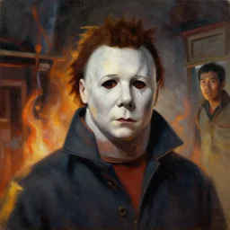 dynamic painting portrait of Michael Myers in a burning building, sharp focus, trending on ArtStation, masterpiece, by Greg Rutkowski, by Ross Tran, by Fenghua Zhong, octane, soft render, oil on canvas, moody lighting, high contrast, cinematic, professional environment concept art