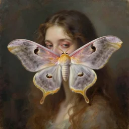 close portrait of a beautiful mysterious elegant moth, oil on canvas, romanticism style, natural, mood lighting, dramatic, dreamlike, painterly, peaceful, digital art, highly detailed, trending on artstation