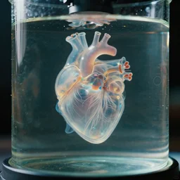 hi - quality photo made with microscope of organic life forming with a cybernetic heart, translucent biological form : : 2 inside of the future glass container from syntetical glass, reflections, caustics : : 1 filmic, realistic, wet, prismatic, jellyfish : : 2 depth of field : : 1 closeup, wide angle, macro shot, microscopic, toned colors : : 1