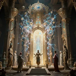 highly detailed surreal vfx avante garde portrait of a 3 d light temple, polyphonic bio - communications, arcane ritual, entangled vibrating, electricity, ultra detailed, ornate, hyperrealistic, octane render, chiaroscuro, inspired by carne griffiths & james jean & android jones & william morris & johannen voss & alphonse mucha, unreal engine