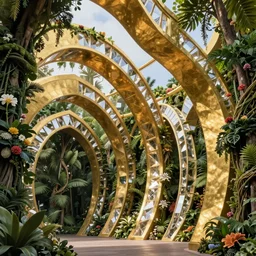 a massive gold and crystal sculpture in the jungle covered in flowers and vines photograph, architecture carved for a titan, beautiful in its smoothness and expansiveness, curving geometric arches, architectural photograph by louis kahn and moshe safdie