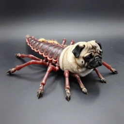 specimen photo of a mutant pug centipede, the pug has an elongated shape and one-hundred legs, abomination,