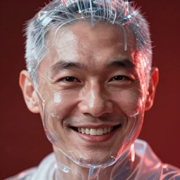 hyperrealistic close-up translucent exoskeleton!! smiling chinese man covered highly detailed concept art eric zener elson peter cinematic hard red lighting high angle hd 8k sharp shallow depth of field