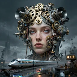 detailed face of a woman, clockwork, moment, tectonic sky, skydome, bullet train, jets, turbines, utopian, tech noir, wet reflections, prism, atmospheric, ambient, pj crook, syd mead, livia prima, greg rutkowski, edward hopper