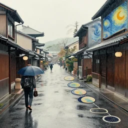 rainy streets of kyoto, fibonacci sequence. japanese embroidery. retro minimalist art by jean giraud and van gogh.