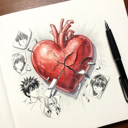 the pieces of my heart shattered on the floor , pen and ink, intricate line drawings, by Yoshitaka Amano, Ruan Jia, Kentaro Miura, Artgerm, watercolor