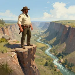 wild west portrait of brawny burly surly sheriff man standing at the edge of a steep sharp cliff extreme drop looking out at the stream in the valley, sunny day, digital art by Nerdrum John, William Waterhouse, Winslow Homer, Alex Heywood, Jordan Grimmer, Darren Quach, Greg Rutkowski, Simon Stalenhag, trending on Artstation, CGSociety