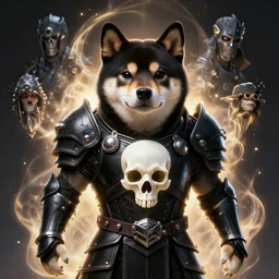 skull demigod black armor, anthropomorphic shiba inu, shiba inu face, demigod, stuning 3 d render, masterpiece, glowing aura, by donato giancola and greg rutkowski and wayne barlow and zdzisław beksinski, realistic face