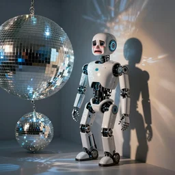a robot crying in the corner of a disco