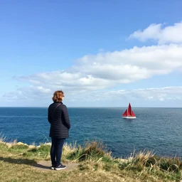 a woman standing at the cost of cornwall in england, looking out towards the sea, with red sails flashing in the distance, clear skies and white clouds, by konstantin makovsky