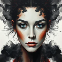 transparent acrylic brush strokes, face symmetry, abstract, pencil lines, expensive, chaos, award winning realistic painting, hard edges, smooth, black smoke, character design, master level composition, rule of thirds, transparency, gucci, transparent, by chiara bautista and beksinski and norman rockwell and tom bagshaw
