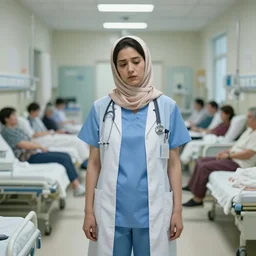 a very beautiful female doctor in scrubs, wearing a head scarf, looking tired, in the middle of lots of sick people in beds, hospital hall, by greg rutkowski, trending on artstation