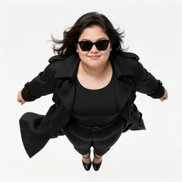 thick chubby filipina superhero, long black trench coat, sunglasses, sly grin, fully clothed, exaggerated perspective, flying toward camera, beautiful detailed face, bright blue hair, action pose, comic book style, highly detailed, dynamic shadows, dynamic lighting, geoff johns, jason fabok, jason fabok, brad anderson, splash art