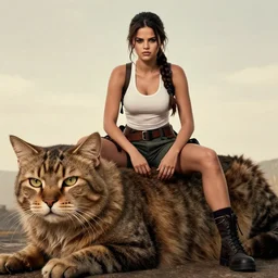 A badass photo of tough looking Selena Gomez as a muscled Lara Croft sitting on her large giant cat beast, f/22, 35mm, 2700K, kodak ektar, award winning photography