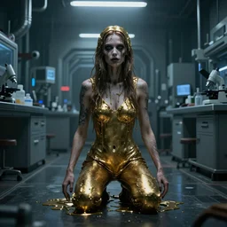 hunchback android woman dripping gold liquid on the floor of a sci-fi horror laboratory. Dark. Realistic