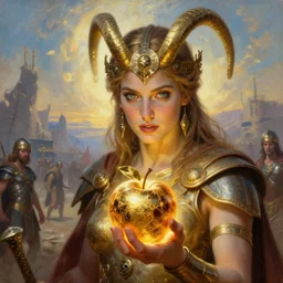 trojan war battlefield, closeup portrait of eris discordia, holding glowing reflective gold!!! metal apple, goddess of chaos, fantasy character portrait, ultra realistic, wide angle, intricate details, artifacts, luminous skies, michael cheval, peter mohrbacher, boris vallejo, jessica rossier, oil painting, highly detailed, cinematic lighting, unreal