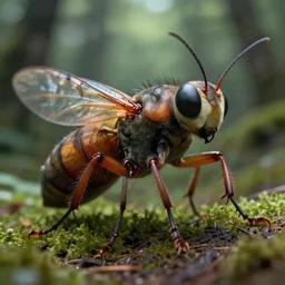 closeup photo of human mutation into an anthropomorphic insect, in the forest. physiological transformation ; hybrid creature. highly - detailed ; photorealistic.
