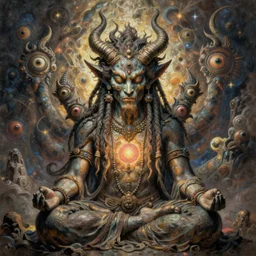 a hyper-detailed painting with high details and textures of a psychedelic demon with dreadlocks horns and several eyes, he is in a meditation position and has an open third eye and mystical spiritual powers
