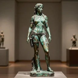detailed photo of an old bronze patina statue of a beautiful lara croft posing for a full body portrait, photorealismintricate detail, museum diffuse lighting