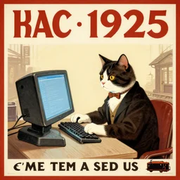 a cat programming a computer in the style of 1 9 2 0 s railway exhibition poster