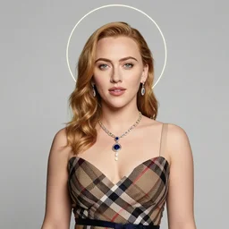 portrait of scarlett johansen in a burberry dress with beautiful jewelry and a halo