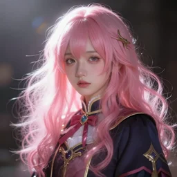 portrait of an innocent lost girl with pink hair, magic uniform, fantasy, intricate, sharp focus, lens flare, bloom, rim light, illustration, highly detailed, digital painting, concept art, matte, art by ruan jia