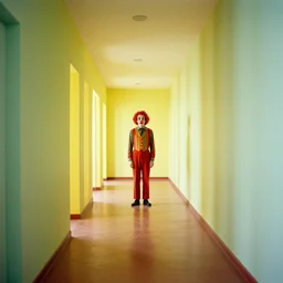 🤡, man standing in a hallway, 1 9 5 0 s architecture, surreal photography, symmetry, mid century, liminal space, bright colours, annie leibovitz