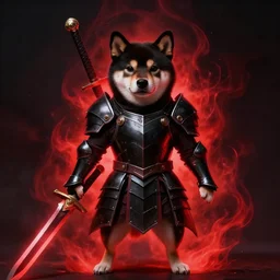 anthropomorphic shiba inu, wearing of berserk anime guts black armor and two hand berserk sword, red black light aura, fantasy, dark, portrait art by donato giancola and greg rutkowski, realistic face, dark aura, digital art, trending on artstation, symmetry