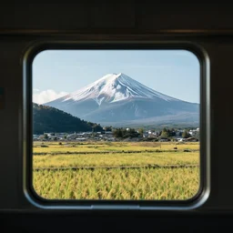 a photo of mount fuji, japanese landscape, rice paddies, seen from a window of a train. cinematic lighting.