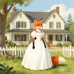 an anthropomorphic fox stands outside her beautiful country home wearing a large white dress, illustration by Mary Jane Begin, Steven James Petruccio, Keren Katz, Thomas Kinkade
