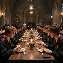 hogwart harry potter, dinning room. just before the selection. people eating. artstation, photorealistic, hyperrealistic, cinematic, artstation, octane render, 8 k