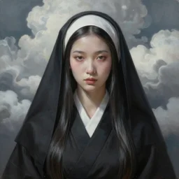 ultra realist and ultra intricate detailed soft painting of a beautiful neko kawai nun in religious clothing, thin lustrous hair, symmetry features, sensual gloomy style, soft painting, volumetric clouds,  fantasy background, artstation, Tom Bagshaw artstyle, unreal render, depth of field