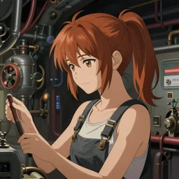 dieselpunk airship engineer working in a boiler room, ginger ponytail, tank top and overalls, kyoto animation still, finely illustrated face, intricately detailed features, digital painting, makoto shinkai, painted by ilya kuvshinov and katsura masakazu and william - adolphe bouguereau and satoshi kon