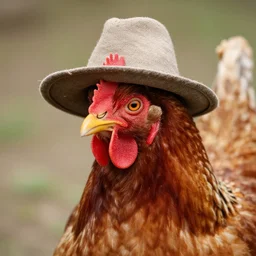 A realistic photo of a chicken with a hat