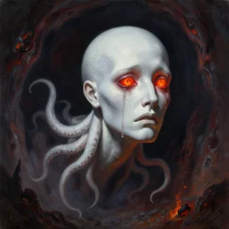 painting by greg rutkowski of a flying sorrowful looking severed human head with tears running down it's eyes, face that is chalk white in color, with long sprawling white tentacles stemming down it's neck, fiery scorching red eyes, flying in a terrying hellish dark cavernous place