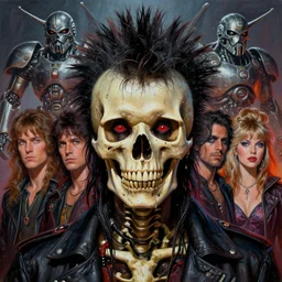 A mixed media portrait painting of a skull skeleton punk rockers band, sweat, aesthetic symmetrical face and eyes, photorealistic, model, wet, starship-troopers, pacific-rim-mech in background, eighties pinup style, by Frank Frazetta, Boris Vallejo, Beeple, Greg Rutkowski, Christian MacNevin, epic fantasy character art, high fantasy, CGsociety, exquisite detail, post-processing, masterpiece, cinematic