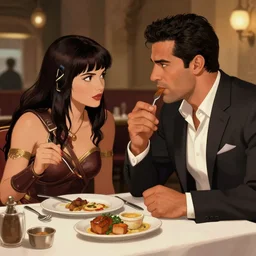 lucy lawless, as xena warrior princes, s eating at a restaurant, with a handsome cuban man wearing a suit, digital art