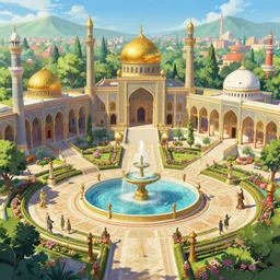 Festival square in a Indo-Persian city of unfathomable wealth and luxury. Gold, bronze, white, and red. Fountains, statues, anime, lush trees, flower beds, a fantasy digital painting by Akihiko Yoshida, trending on Artstation, highly detailed
