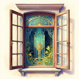 a painting beautiful window open front view, art deco, digital illustration, colorful architectural drawing, watercolor painting, behance contest winner, vintage, native art, trend in behance hd, 2 d game art, detailed painting