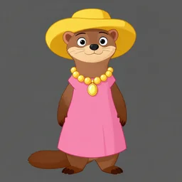 detailed flat 2 d : female marten character : wearing jewelry : wearing a pink dress : wearing yellow hat : head torso legs feet : lorax movie : artstation : cel shading