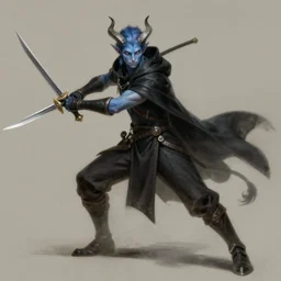 D&D character concept art of a cloaked tiefling, tiefling rogue, blue skin color with short horns on head and a devil tail, fighting pose of a Rogue holding daggers, black cloak hidden in shadows, full body pose, soft colors, fantasy, intricate, elegant, highly detailed, digital painting, artstation, concept art, smooth, perfect face, sharp focus, illustration, wide angle shot, full body visible, art by artgerm and H R Giger and alphonse mucha