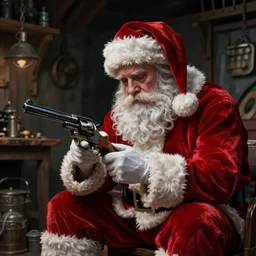 depressed santa claus sitting in his workshop looking at revolver. sad. dimly lit. dark. 4 k rtx hdr volume light concept studio matte painting environement digital illustration style artstation artur tarnowski, mihai muscan, marcin tomalak, marta leydy, marcin stepien, charlotte hughes,