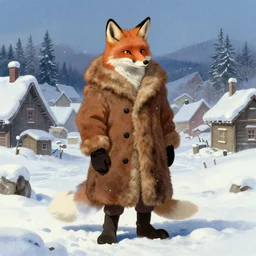 an anthropomorphic fox man wearing a long fur coat and mittens in a snowy village, character illustration by greg rutkowski, thomas kinkade, Howard Pyle, El Greco, Cynthia Sheppard, Studio Ghibli