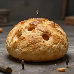 hyperrealistic absurdist giant crumpet with tiny people coming out of the holes, highly detailed, cinematic lighting, ricardo bofill anka zhuravleva, dramatic lighting, long shot, ground angle, uhd 8 k, shallow depth of field